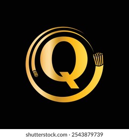 Letter Q with electric wire, optical fiber cable Logo Design Vector Template.