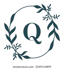 Letter Q In Elegant Floral Oval Frame. Leafy Christmas Wreath. Vector  Illustration Isolated On White Background.