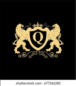 Letter Q Elegant logo with two lions and shield vector design. Coat of arms