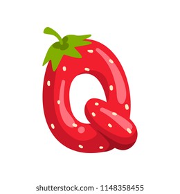 Letter Q of English alphabet made from ripe fresh srawberry, bright red berry font vector Illustration on a white background