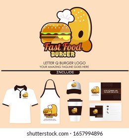 Letter Q Fast Food Burger Logo Design for Brand Label Food and Menu Restaurant or Cafe with Chef’s Hat on beige Background. With Brand Identity Include Shirt, Apron, Hat, Cup, Business Card