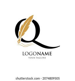 Letter Q Feather Pen Logo Design Vector Icon Graphic Emblem Illustration Background Template