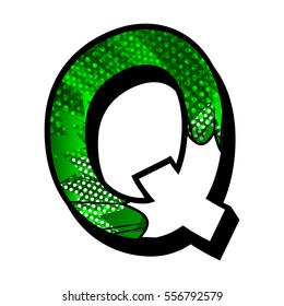 Letter Q filled with comic book explosion, background.