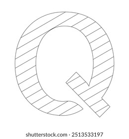 Letter Q filled with diagonal stripes running from the top left to the bottom right corner. Kindergarten letter worksheets, coloring the letter Q, with various colors as you wish.