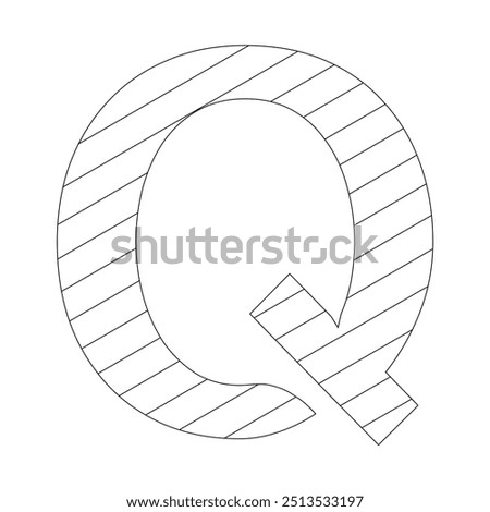 Letter Q filled with diagonal stripes running from the top left to the bottom right corner. Kindergarten letter worksheets, coloring the letter Q, with various colors as you wish.