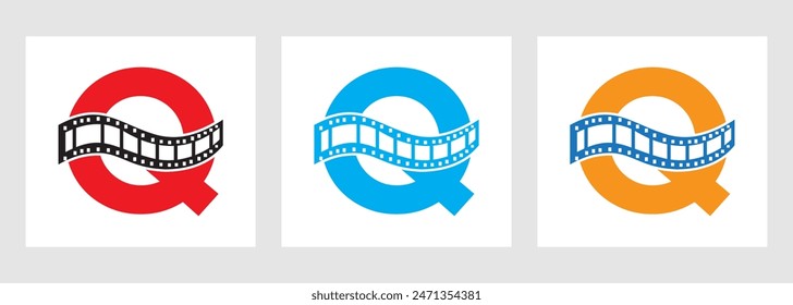 Letter Q with Films Roll Symbol. Strip Film Logo For Movie Sign and Entertainment Concept