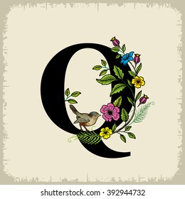 Letter Q with flowers and bird, black on vintage background, vector