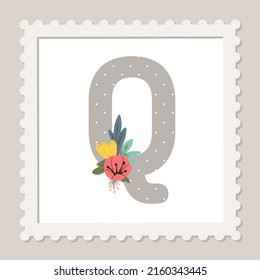 Letter Q with flowers. Floral alphabet font uppercase
