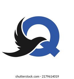 Letter Q Flying Bird Logo Template Vector Sign. Dove Bird Logo on Letter Q Concept