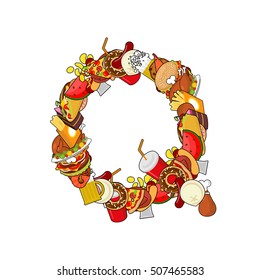 Letter Q food. Edible sign alphabet from pizza and hamburger. Feed template elements alphabet. meat concept type as logo. Pizza and taco. Donuts and FAstfood. Hotdog and cookies. Pork and cake.