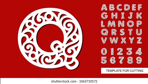 Letter Q. Full English Alphabet And Digits 0, 1, 2, 3, 4, 5, 6, 7, 8, 9. Lace Letters And Numbers. Template For Laser Cutting, Wood Carving, Paper Cut And Printing. Vector Illustration.