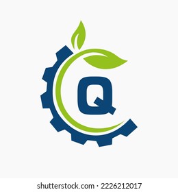 Letter Q Gear Leaf Logo Design Vektorvorlage. Leaf- und Zahnradsymbol