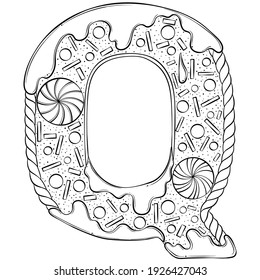 Letter Q. Gingerbread Cookies in the form of letters. Cartoon vector font made in hand drawn line art style isolated on white background. Lettering logo template. Coloring book design.