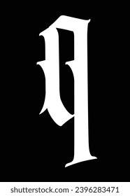 Letter q, in the Gothic style. Vector. Alphabet. The symbol is isolated on a black background. Calligraphy and lettering. Medieval Latin letter. Logo for the company. Monogram. Elegant font for tattoo