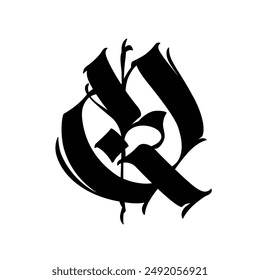 Letter Q, in the Gothic style. Vector. Alphabet. Calligraphy and lettering. Medieval Latin letter. Logo for the company. Monogram. Elegant font for tattoo.