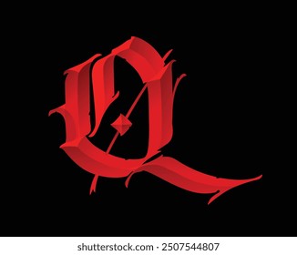 Letter Q, in the Gothic style. Vector. Alphabet. Calligraphy and lettering. Medieval Latin letter. Logo for the company. Monogram. Elegant font for tattoo.