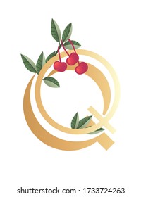 Letter Q with gradient style beige color covered with green leaves and red berries eco font flat vector illustration isolated on white background