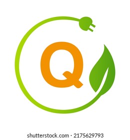 Letter Q Green Energy Electrical Plug Logo Template. Electrical Plug Sign Concept with Eco Green Leaf Vector Sign