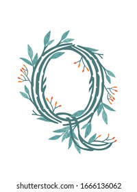 Letter Q hand drawn tree branches with leaves and berries botanical flowers floral hand drawn scandinavian style art design element flat vector illustration