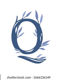 Letter Q hand drawn tree branches with leaves botanical flowers floral hand drawn scandinavian style art design element flat vector illustration