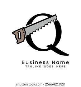 Letter Q handsaw logo. Alphabet Q woodwork and carpentry icon