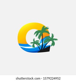 Letter Q- Hawaii Palm Beach Logo icon.  Nature logo design concept palm tree and  sea wave  for initial letter Q surfing shop, sport, Tour and Travel.