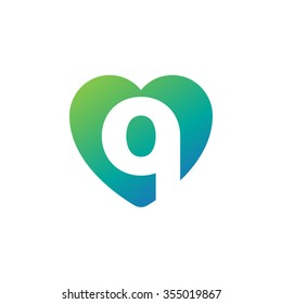 letter q heart shape icon logo green blue