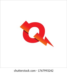 Plantilla de diseño inicial del logotipo Carta Q. Alfabeto con el concepto de logotipo Thunder. Tema de color rojo caliente y naranja de la graduación. Aislado En Fondo Blanco