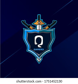 Letter Q - Initial logo E-Sport with decoration of sword, shield, and weapon. Perfect for gamer brand, squad, etc.