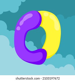 letter Q initials Purple and yellow balloons are interlaced to form letters floating isolated on sky and clouds background, vector logo letter typography illustration.