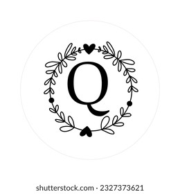 Letter "Q" Initials with Round Floral Frames, Vector Monogram Logo, Cricut File
