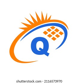 Letter Q Inside Solar Cell or Solar Panel Energy Logo Design. Letter Q Logo with Solar Elements, Sun, Solar Panels Sign