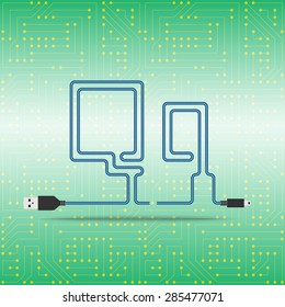 Letter Q laid cable. USB blue cable, vector illustration. Background microchip