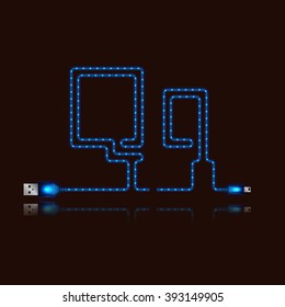 Letter Q laid neon light cable. USB blue cable, vector illustration.