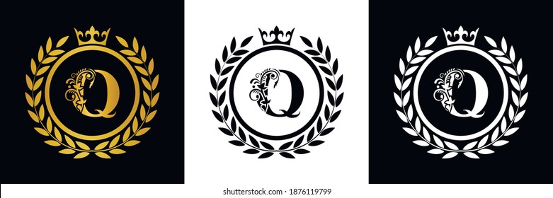 Letter Q laurel wreath template logo Luxury gold letter with crown. Monogram alphabet . Beautiful royal initials letter.	