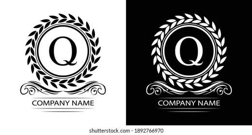 Letter Q laurel wreath template logo Luxury gold letter with crown. Monogram alphabet . Beautiful royal initials letter.	