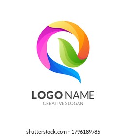 letter q and leaf logo design, modern 3d logo style in gradient vibrant colors