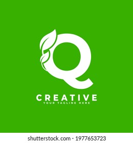 Letter Q with Leaf Logo Design Element on Green Background. Usable for Business, Science, Healthcare, Medical and Nature Logos