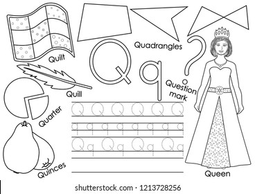 Letter Q. Learning English alphabet. Writing practice of capital and small letters. Coloring book. Vector illustration.