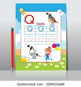 Letter Q Learning Kids Alphabet Activity. Worksheet For Learning Alphabet. Handwriting Practice Sheet. Basic Writing.