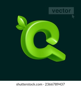 Letter Q logo 3D render in cartoon cubic style with green leaves. Eco-friendly vector illustration. Impossible isometric shapes. Perfect for nature banner, healthy food labels, garden, and grass adv.