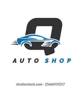 letter Q logo auto mechanic with car style. Alphabet Q automotive car design icon