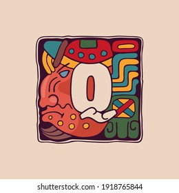 Logo de la carta Q en estilo azteca, maya o inca. Símbolo nativo americano con rostro de guerrero o de dios. Perfecto para etiquetas étnicas, emblema deportivo, diseño de tatuajes e identidad tribal, etc.