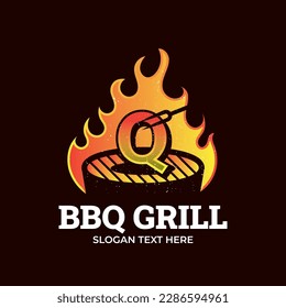 Letter Q logo barbecue logo with bbq logotype and fire concept in combination with spatula, vintage.