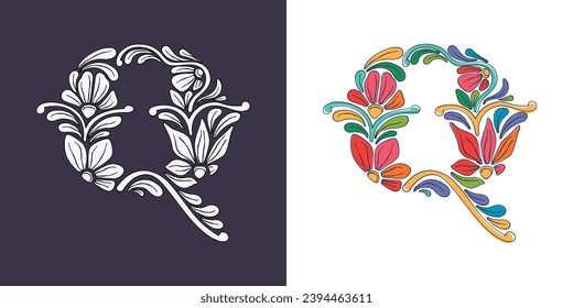 Letter Q logo with botanical and flower pattern. Traditional leaves and curved lines embroidery ornament. Icon for wedding ceremony, vintage greeting cards, birthday identity and party invitations.