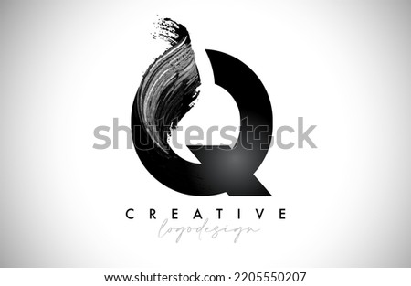 Letter Q Logo Brush Stroke with Artistic Watercolor Paint Brush Icon Vector Design. Modern Elegant Minimalist Stroke Letter Q Shape Symbol with Paint Style Swoosh. 