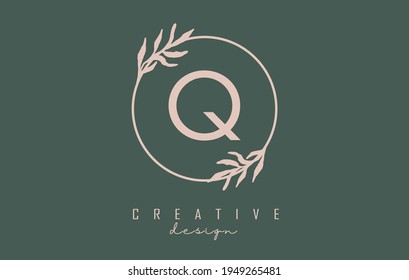 Letter Q Logo with circle frame and pastel leaves design. Rounded vector illustration with letter Q and pastel leaf for beauty, fashion, jewelry, luxury, natural products or eco services.