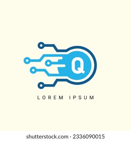 Letter Q logo, Circle shape symbol, green and blue color, Technology and digital abstract dot connection