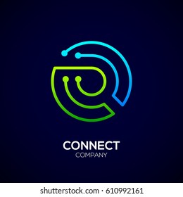 Letter Q logo, Circle shape symbol, green and blue color, Technology and digital abstract dot connection