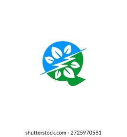 Letter Q logo combining a lightning bolt and green leaf. Vector design for renewable energy, eco-friendly electricity, and sustainable tech startups.